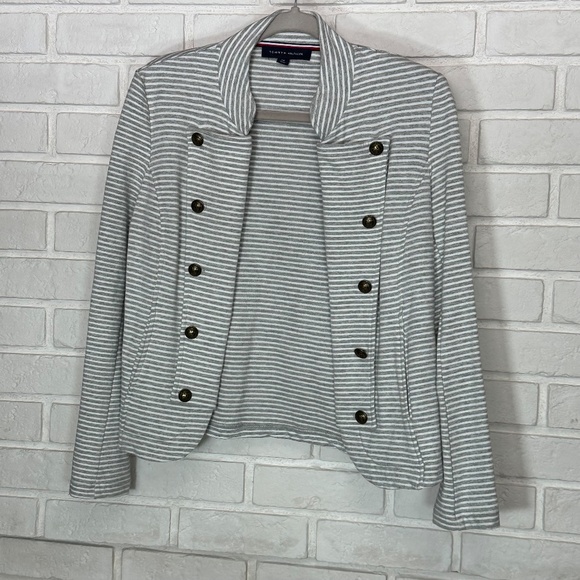 Tommy Hilfiger Soft and Stretchy Grey Stripe Military-Style Blazer Jacket Small - Picture 1 of 13